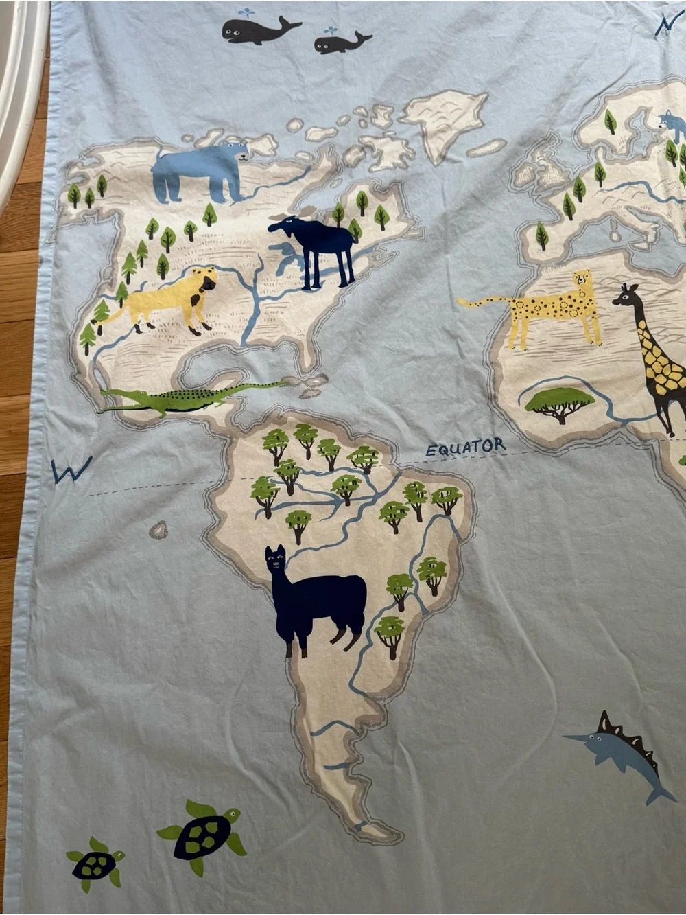 Pottery Barn Kids World Map Animals Shower Curtain 72x72 Cotton Blue